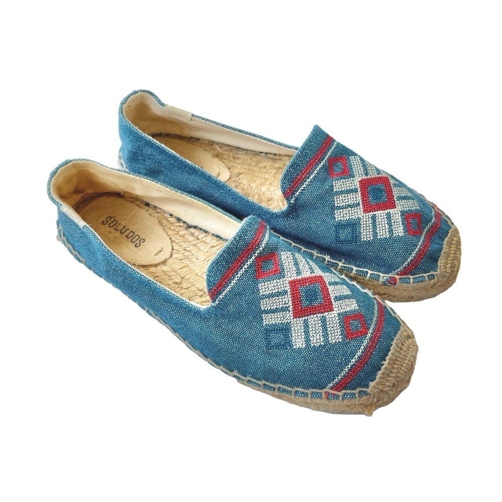 Soludos Espadrille Slip On Shoes, Denim Blue with Red & White Accents, US Size 8 - Picture 8 of 9